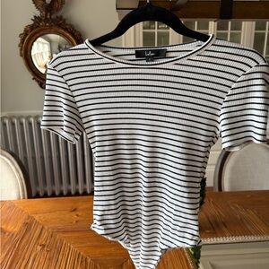 Lulu's Black & White Striped Ribbed Short-Sleeve Bodysuit